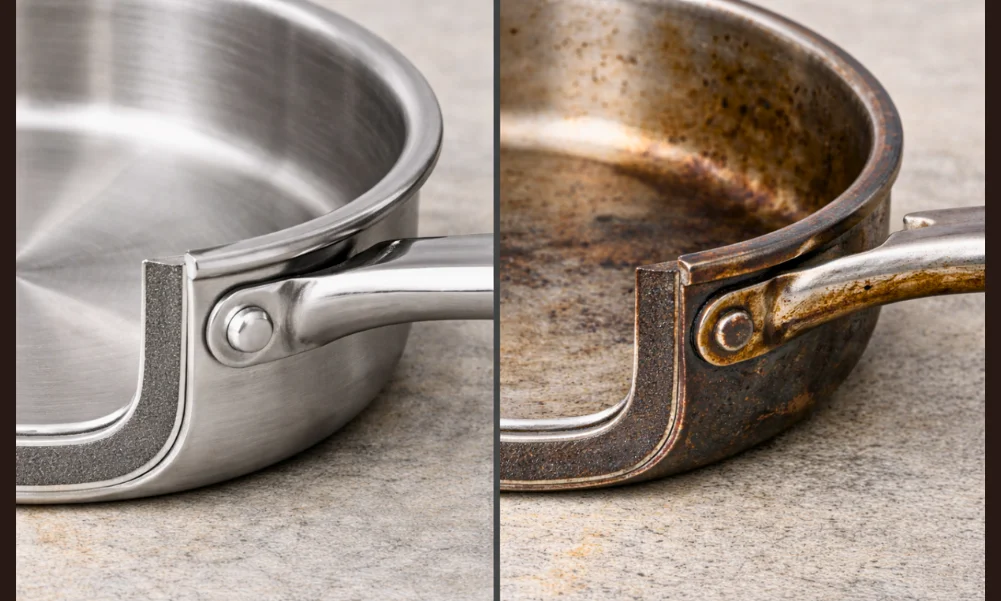 Close-up showing cookware base thickness and handle attachment points