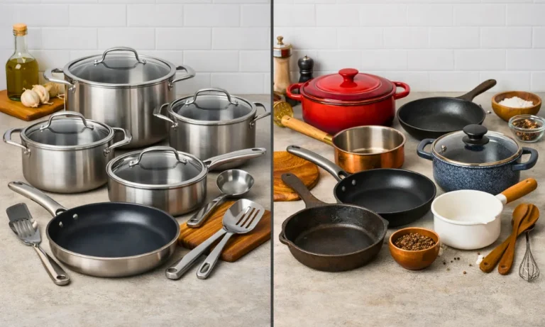 Cookware set displayed beside individually selected pots and pans.