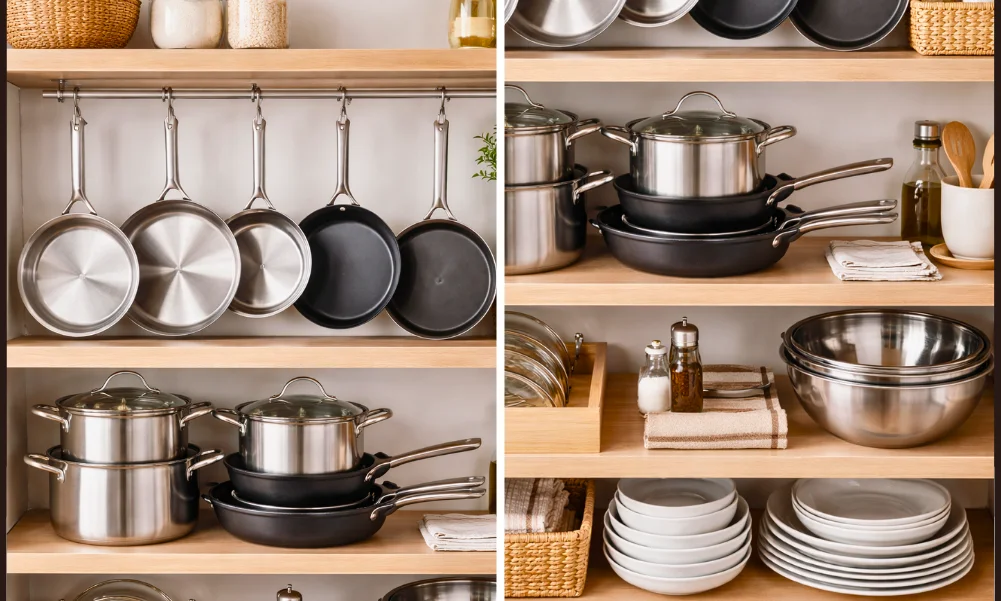 Cookware stored securely showing organized kitchen storage.