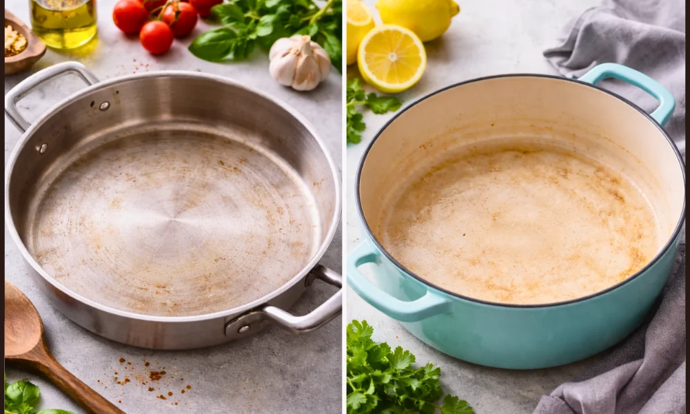Cookware surface showing gradual appearance changes after repeated acidic cooking.