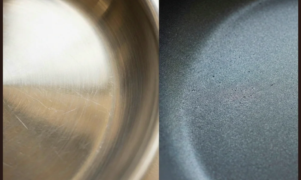 Close-up showing stainless steel surface and non-stick coating texture.