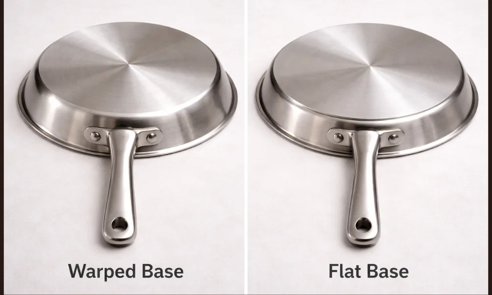 Comparison of flat and warped cookware bases caused by repeated surface stress