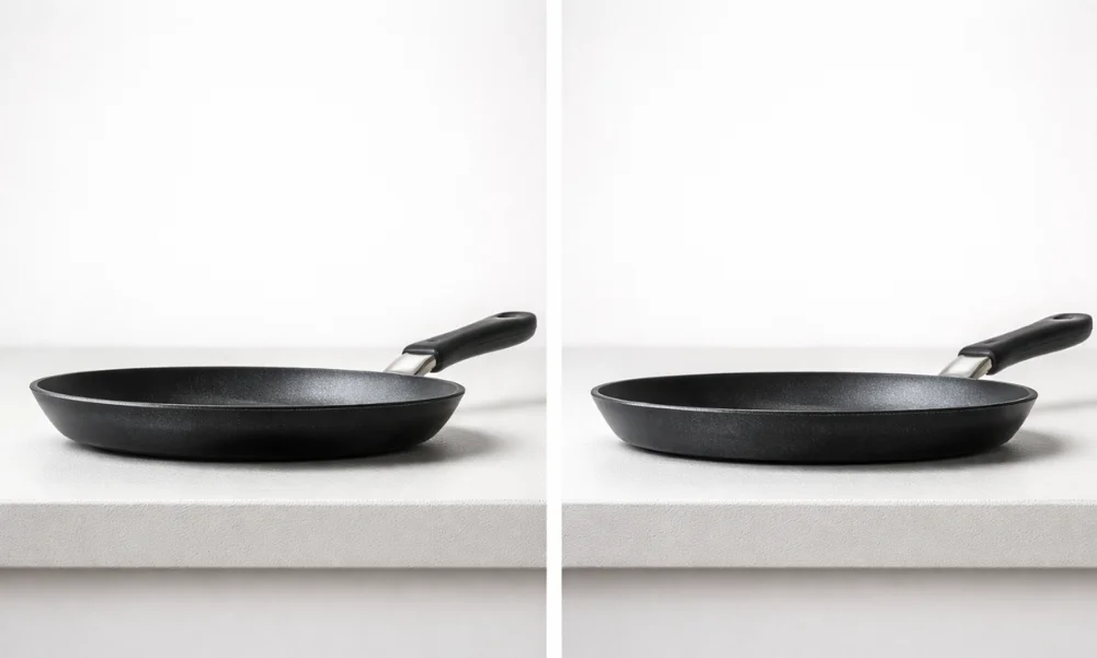 Comparison showing cookware base deformation caused by repeated heat stress.