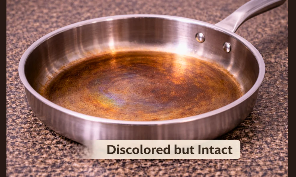 Discolored cookware with intact and stable structure