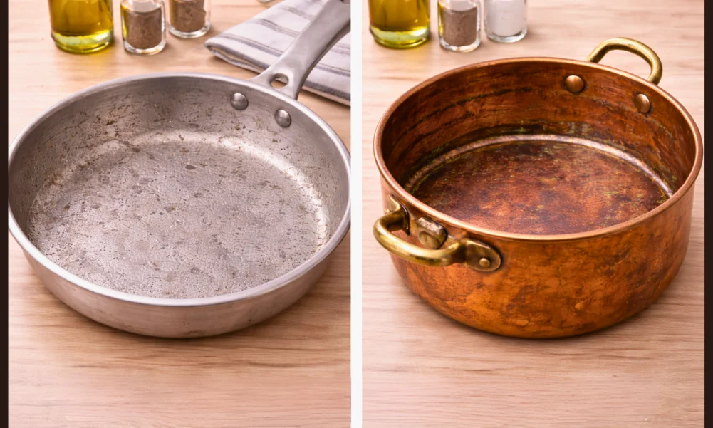 Aluminum and copper cookware showing dulling from dishwasher use