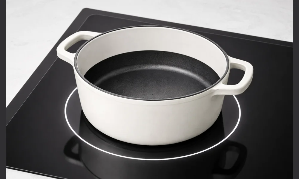 Enameled cast iron cookware on an induction cooktop showing stable flat base contact