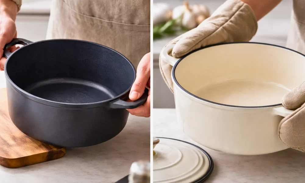 Heavy enameled cast iron cookware showing thickness and weight during handling