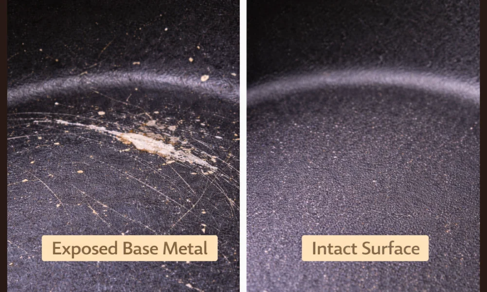 Cookware scratch exposing base metal compared with intact surface