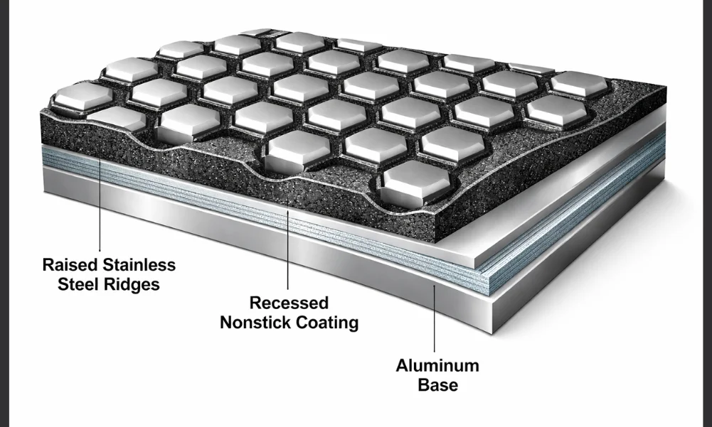 Hybrid cookware surface showing raised stainless steel pattern over nonstick coating