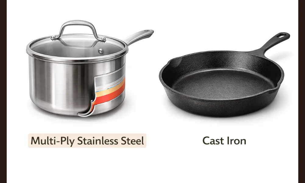 Multi-ply stainless steel and cast iron cookware on induction cooktop