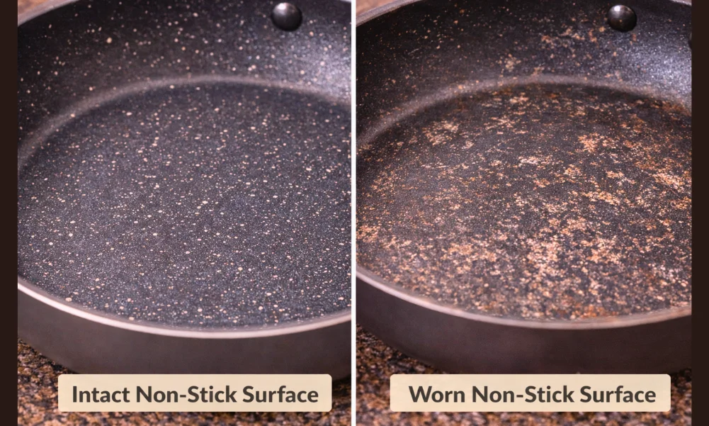 Non-stick cookware surface showing intact coating compared with worn coating