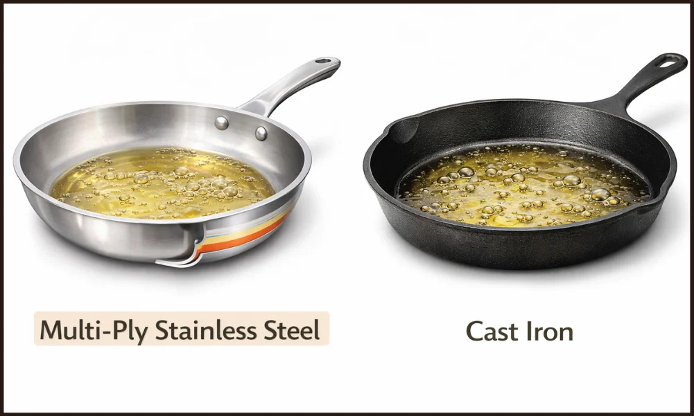 Cooking oil heating in different cookware materials