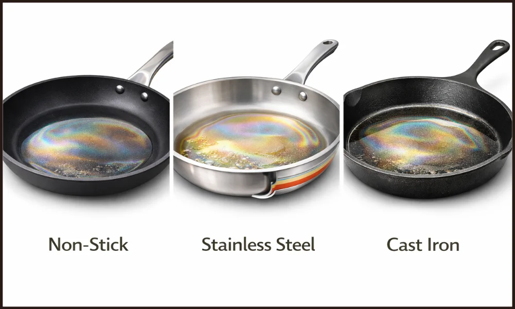 Different cookware materials showing oil use during cooking