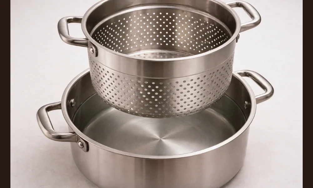 Pasta pot with insert basket showing vertical load on handles.