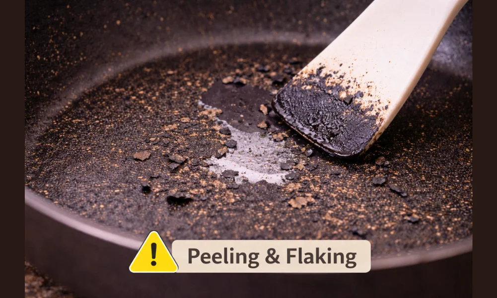 Peeling non-stick cookware coating with exposed base metal