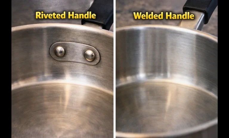 Cookware interior showing riveted handle compared with welded handle