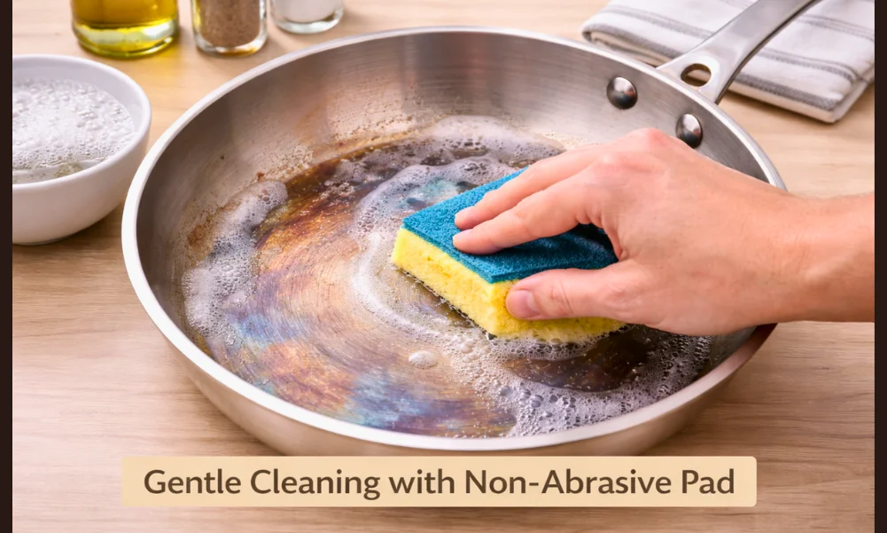 Cleaning cookware surface using gentle, non-abrasive methods