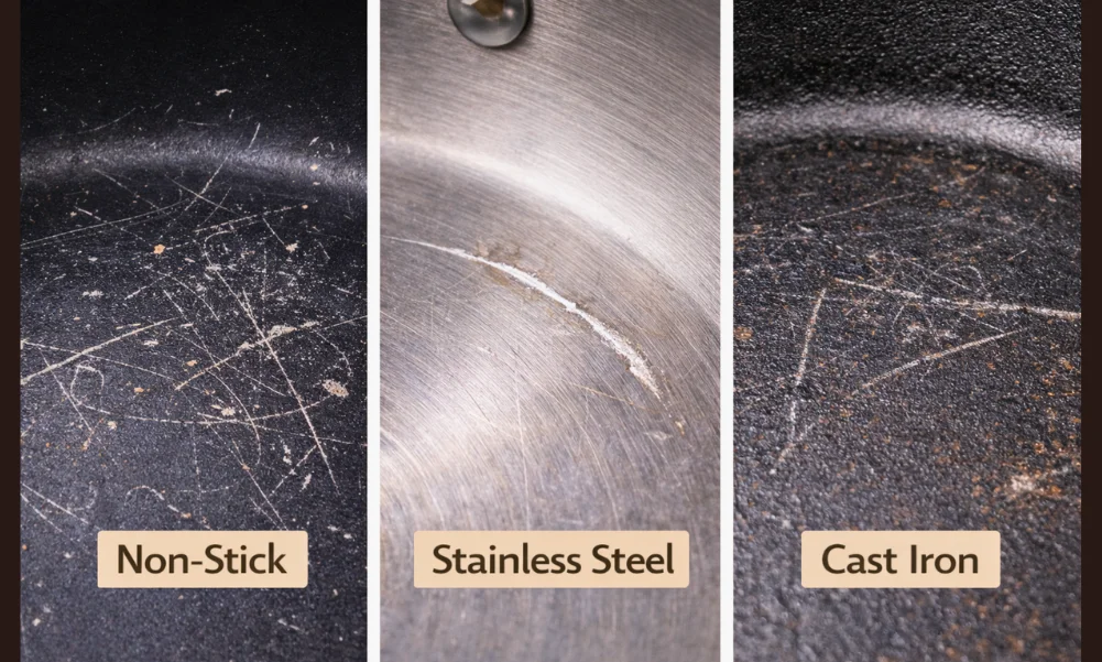 Scratched non-stick, stainless steel, and cast iron cookware surfaces