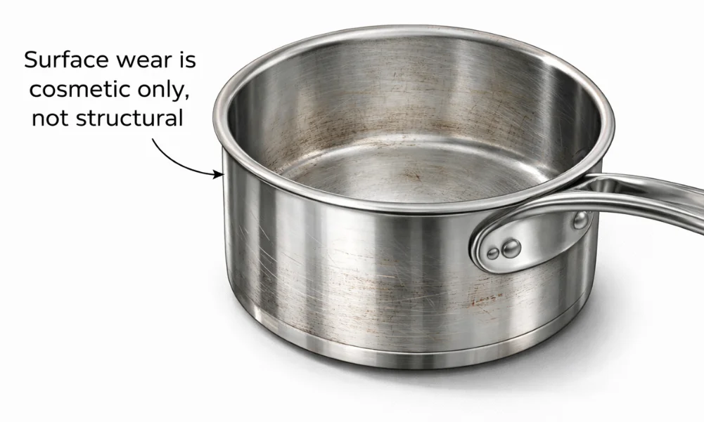 Stainless steel cookware showing cosmetic surface wear without structural damage