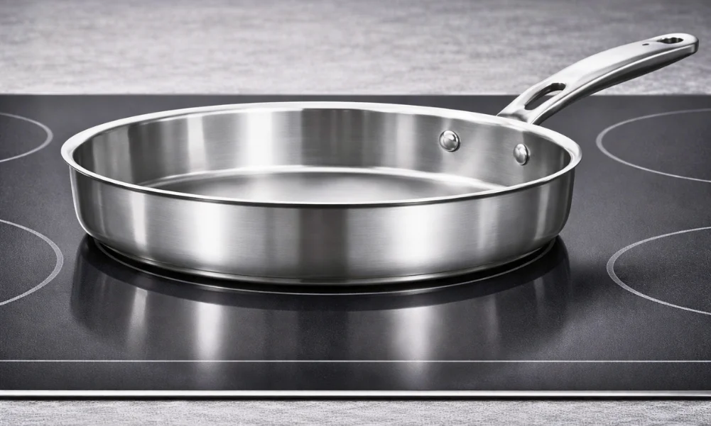 Stainless steel cookware with flat base sitting evenly on cooktop