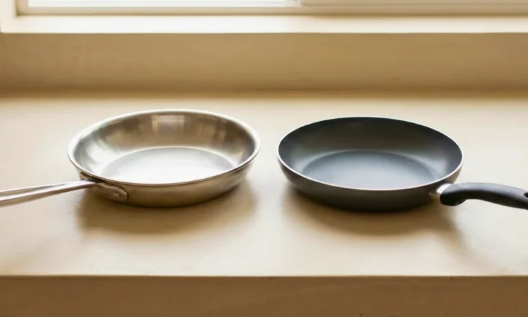 Stainless steel and non-stick cookware shown side by side for surface comparison.