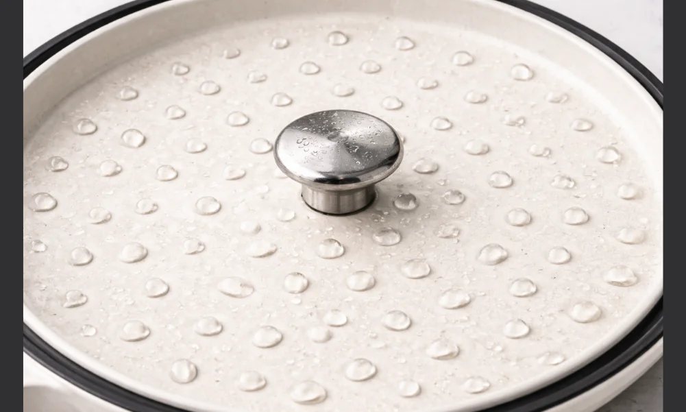 Enameled cast iron lid interior showing condensation redistribution pattern
