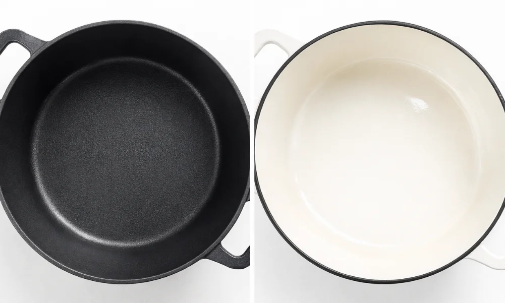 Comparison of matte and smooth enamel interiors in enameled cast iron cookware