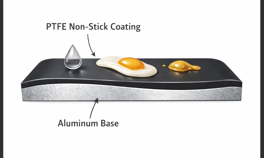 Non-stick coating layered over aluminum cookware base