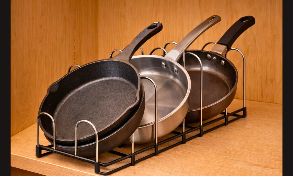 Cookware stored vertically using cabinet dividers