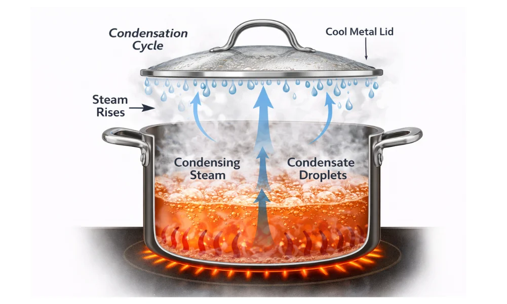 Steam condensation cycle inside covered cookware