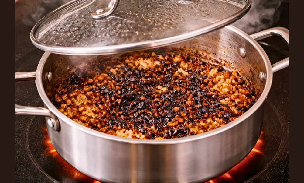 Scorched food in covered cookware with insufficient moisture