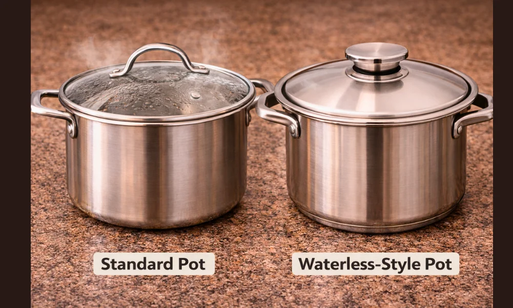 Standard cookware compared with waterless cookware design