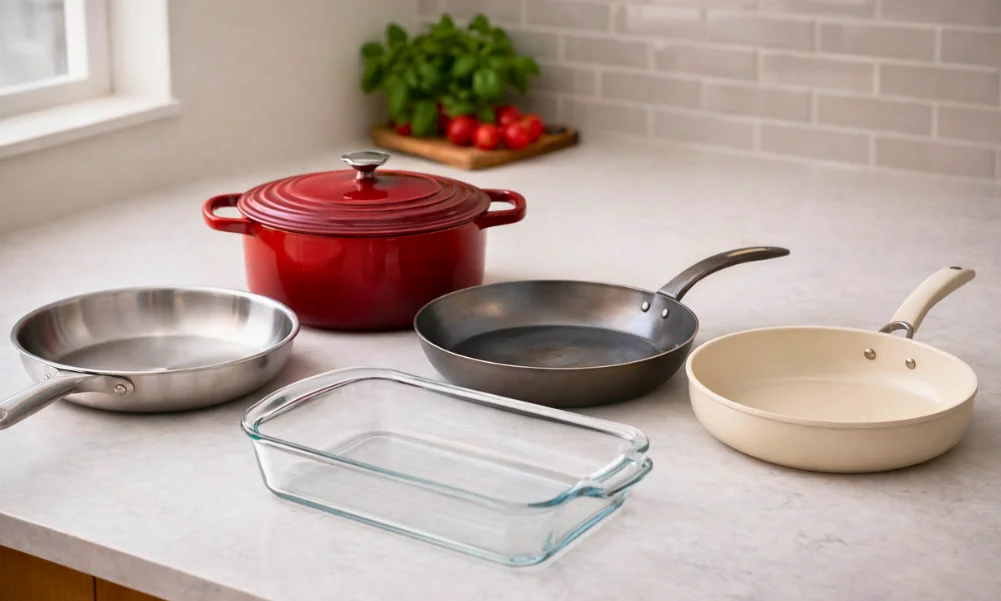 Non toxic cookware materials including stainless steel, cast iron, carbon steel, glass, and ceramic
