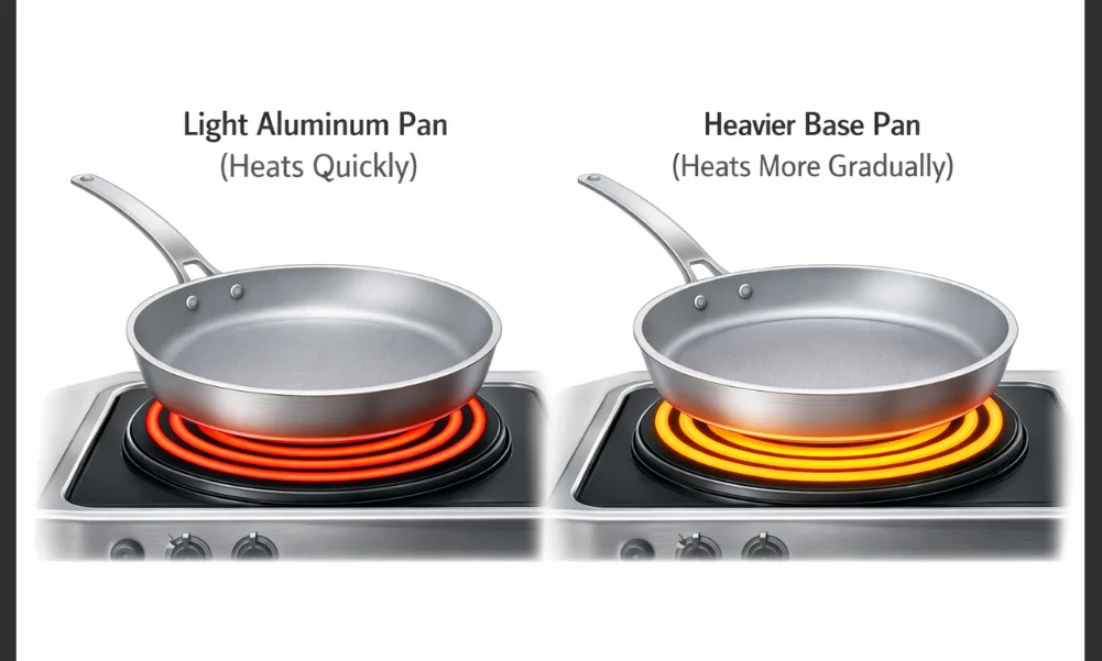 Cookware showing different heat response based on material construction