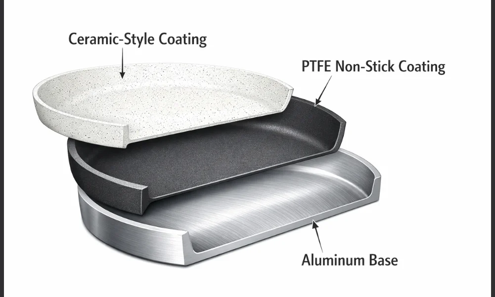 Diagram showing aluminum cookware with non-stick and ceramic-style coating layers