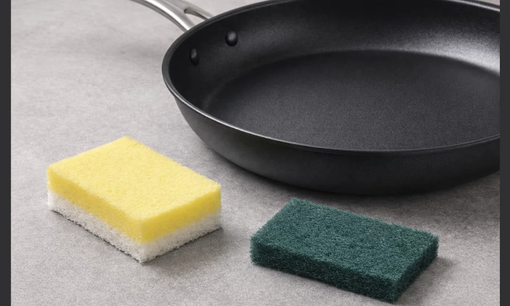 Non-stick cookware surface showing cleaning contact without visible damage