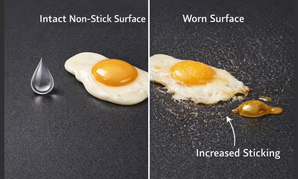 Non-stick cookware surface showing reduced release performance over time