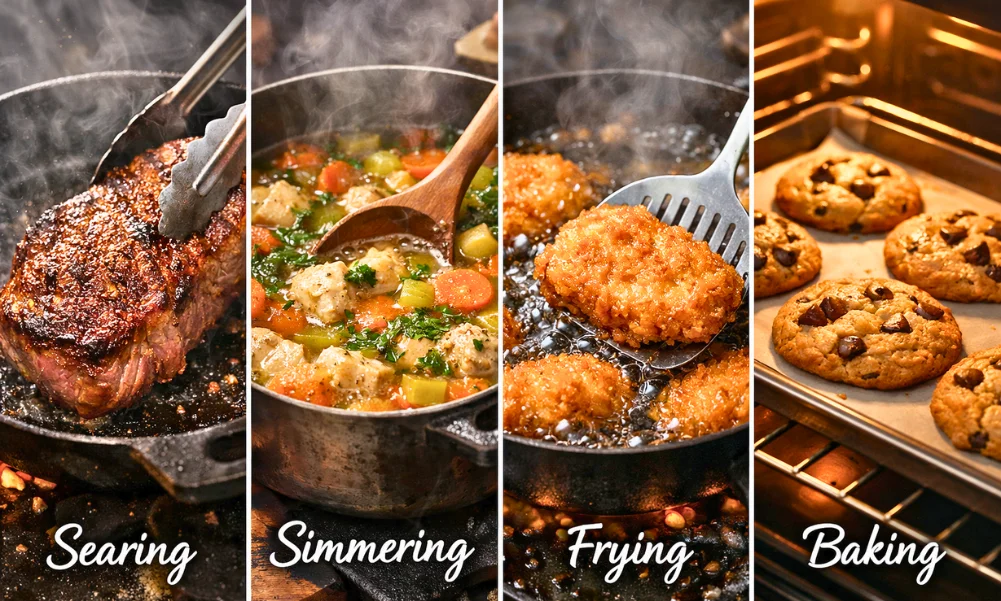 Different cooking styles including searing, simmering, frying, and baking
