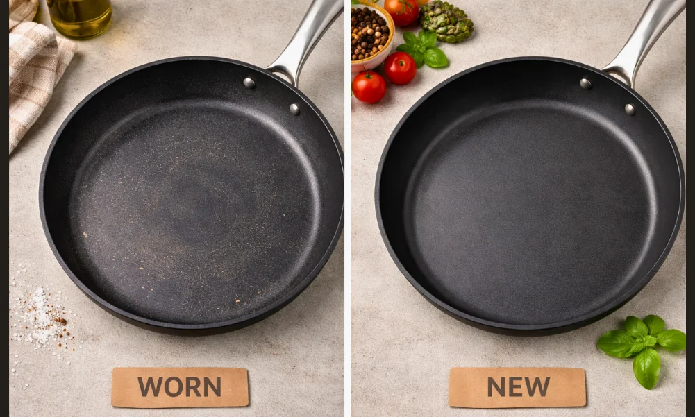 Normal cookware wear compared to new cookware surface over time