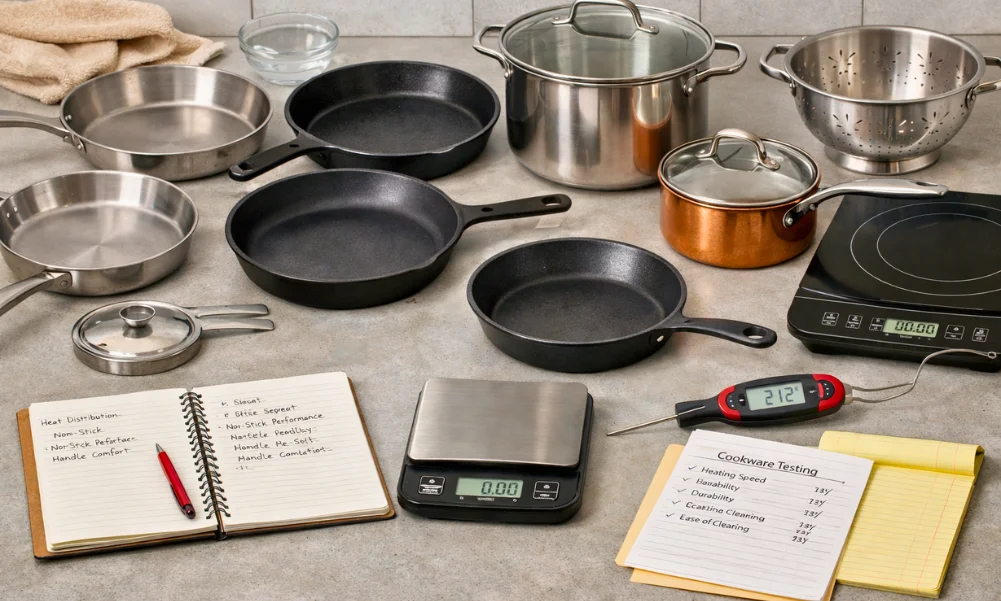 Cookware evaluation process showing cookware laid out for testing and assessment