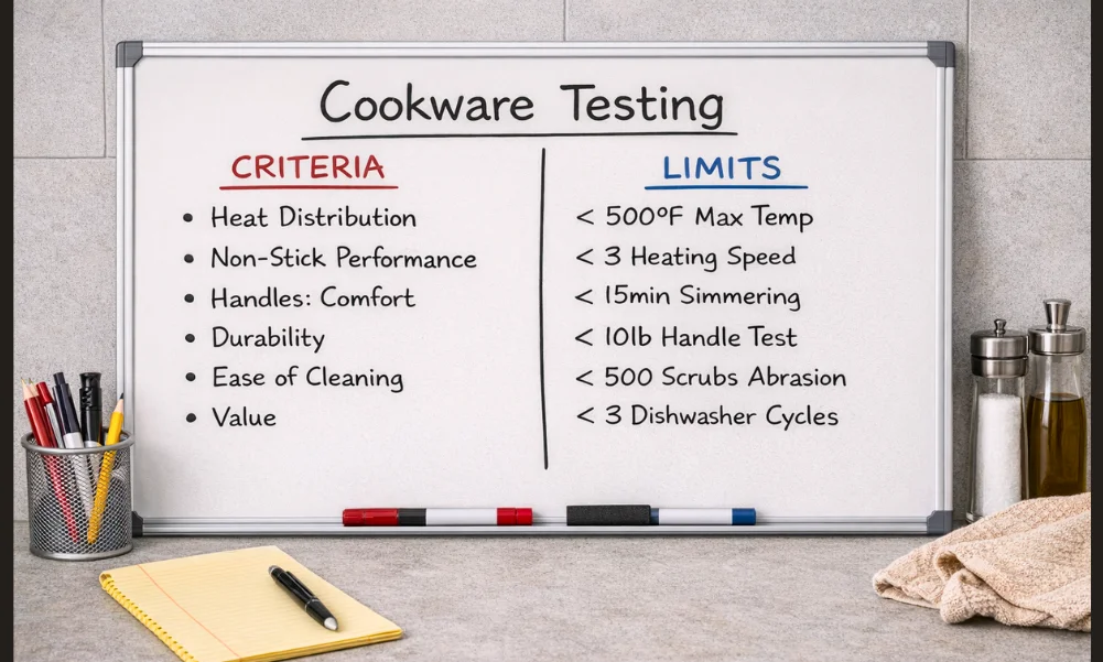 Cookware testing criteria and limits used to evaluate cookware