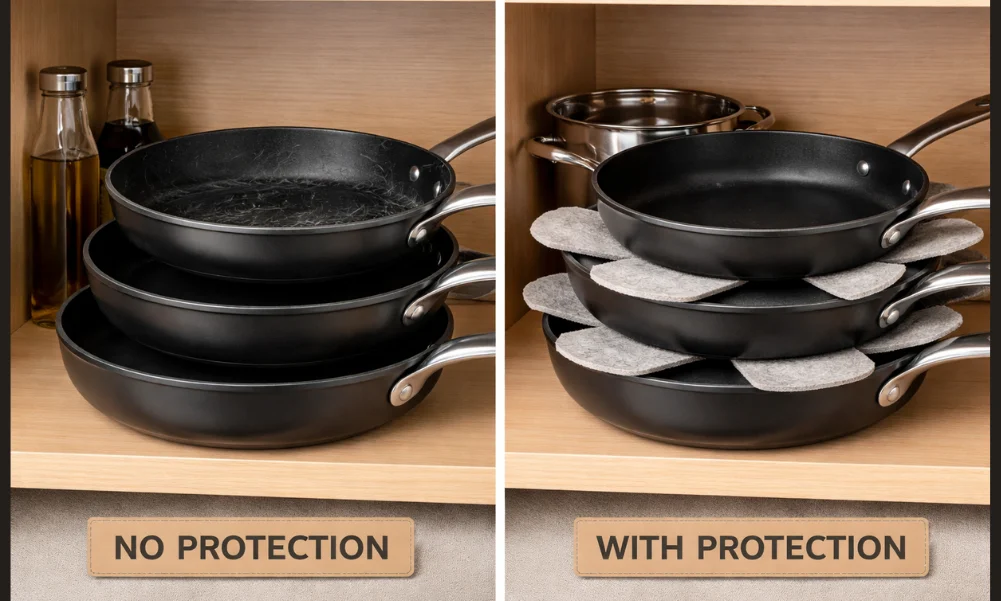Cookware storage stress showing stacked pots with and without protection