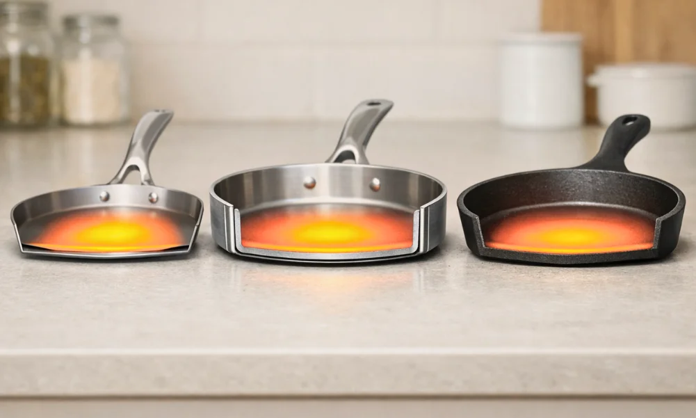 Cookware heat distribution showing how thickness and core construction affect even heating