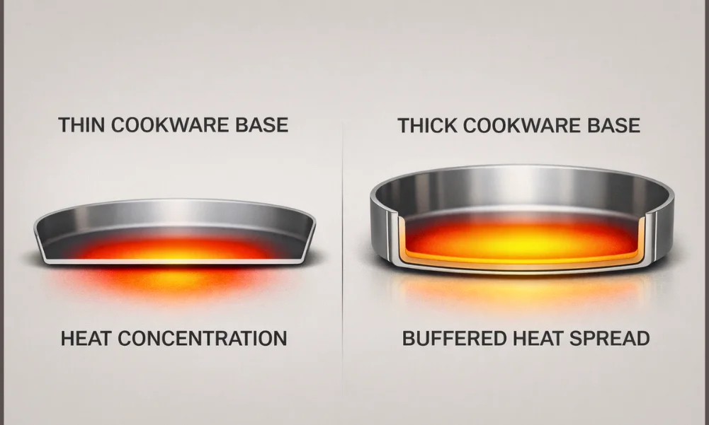Comparison of thin and thick cookware showing differences in heat buffering