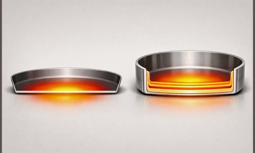 Multi-layer cookware core spreading heat more evenly across the pan
