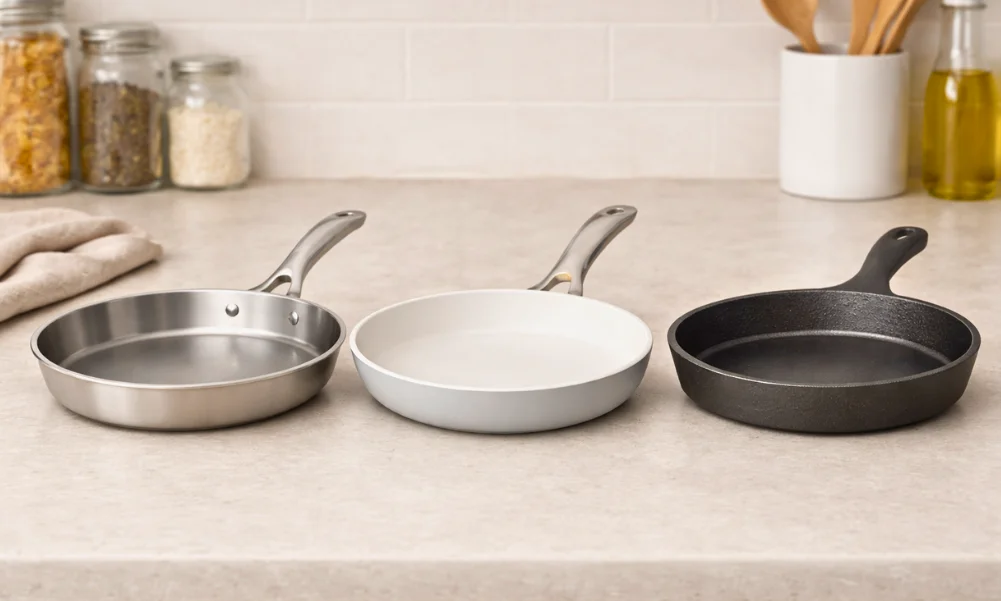 PFAS-free cookware materials including stainless steel, ceramic, and cast iron