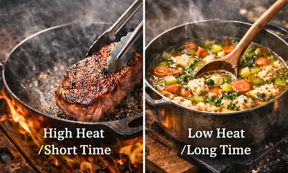 visual showing high heat / short time vs low heat / long time