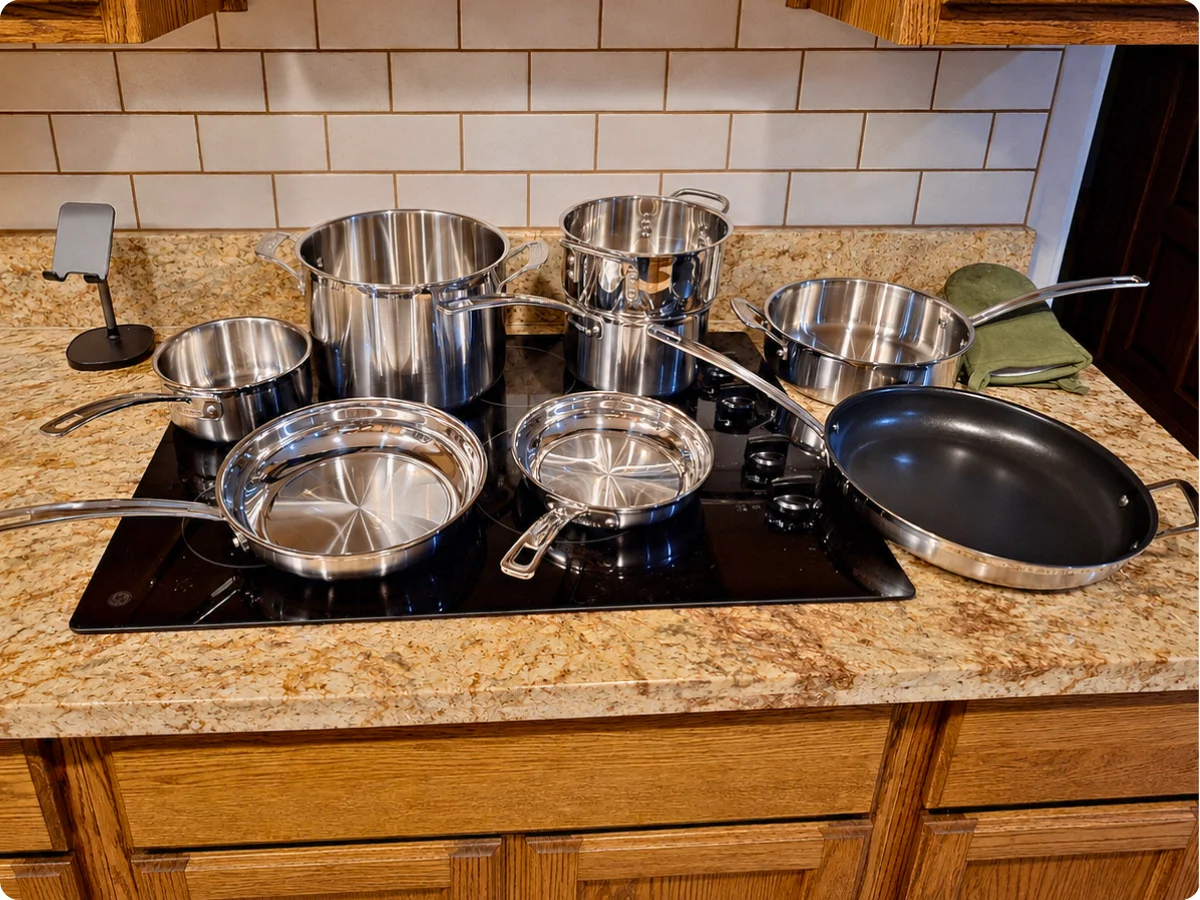 Cuisinart MultiClad Pro 15-piece cookware set arranged on a kitchen cooktop