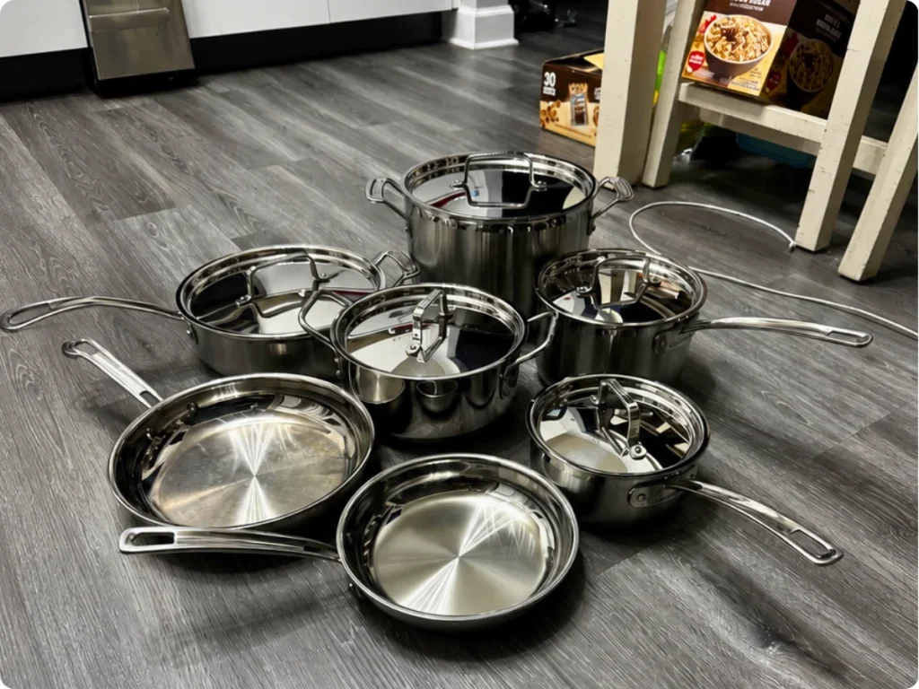 Cuisinart MultiClad Pro stainless steel cookware pieces with lids and skillets